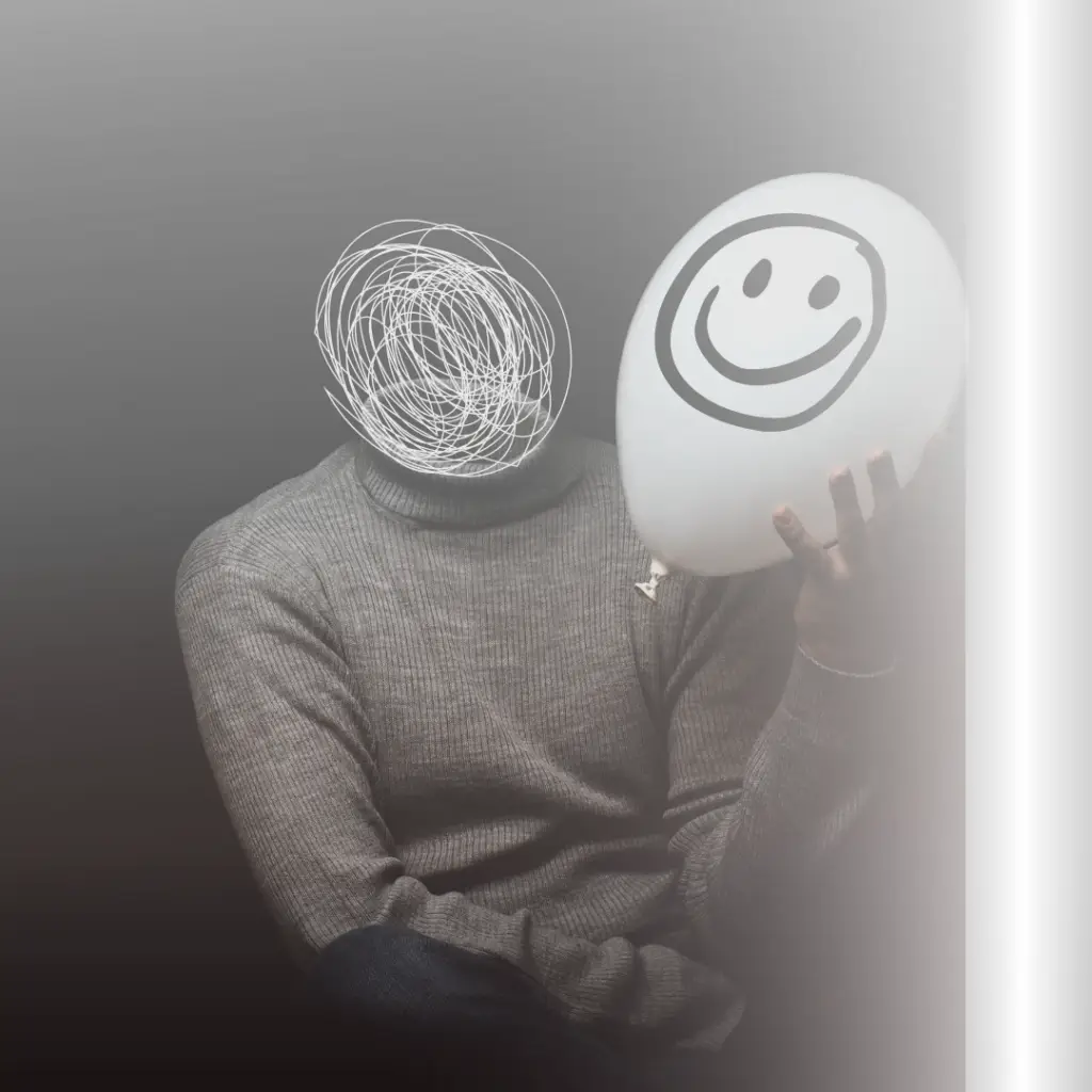 a person sitting holding a balloon with a smiley face drawn on it, in place of the person's head is a squiggly circle